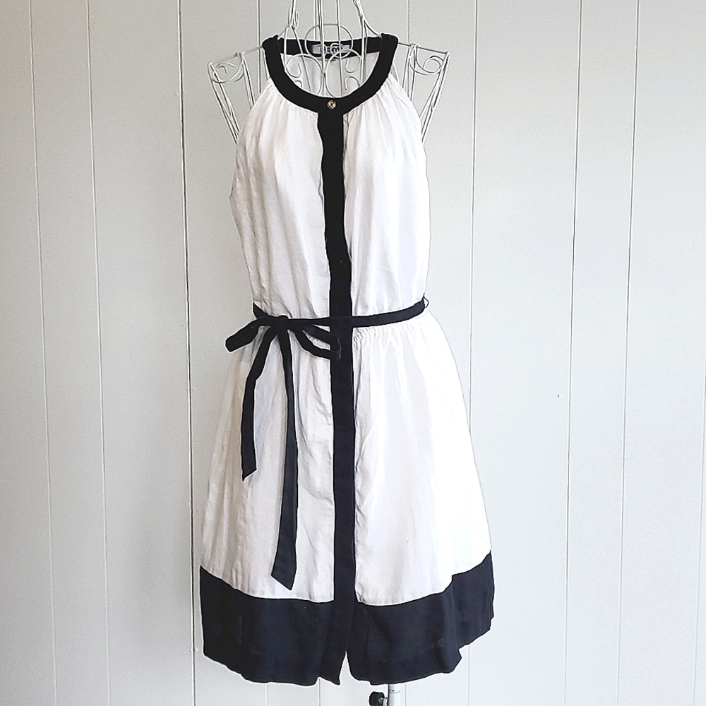DKNYC White Navy Color Block Sleeveless Dress 100% Linen Size M